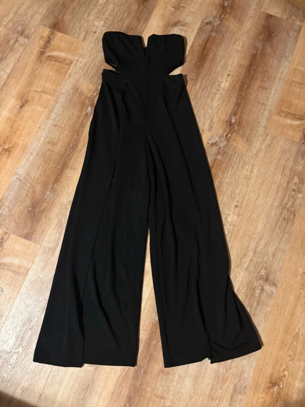 Wedding guest Strapless black jumpsuit wide leg size L flowy split *2 for 20*
